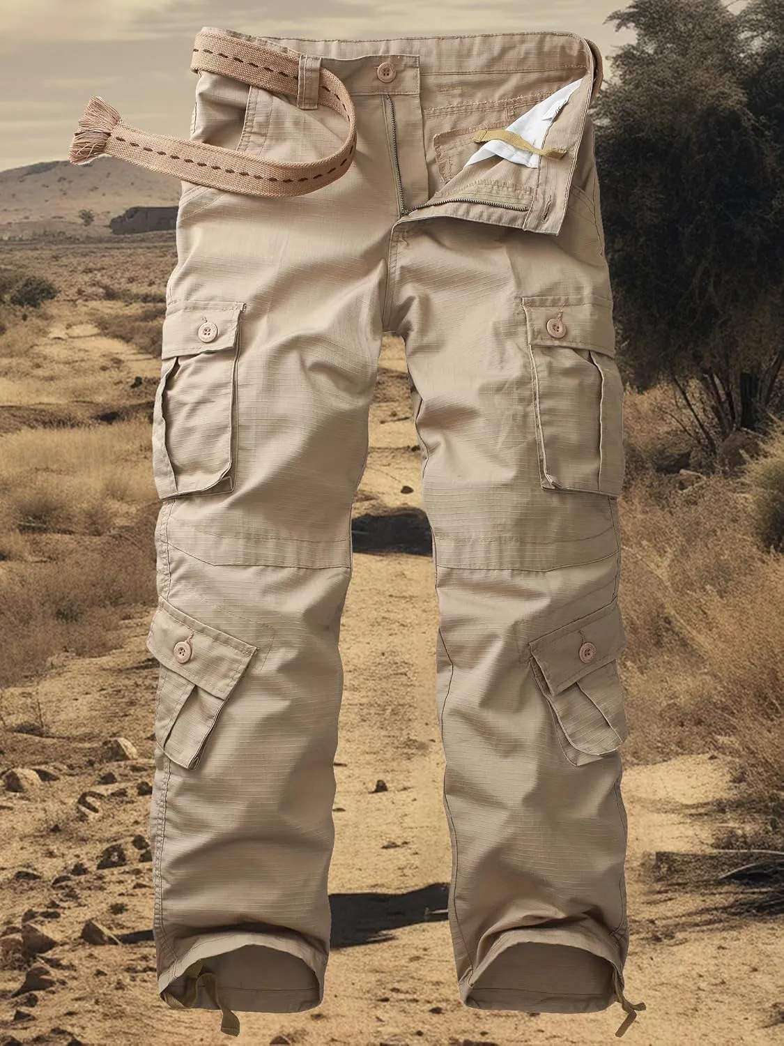 Men's Camo Cargo Work Pants Ripstop Lightweight Wild Army Military BDU Outdoor Trousers with 8 Pocktets (No Belt)