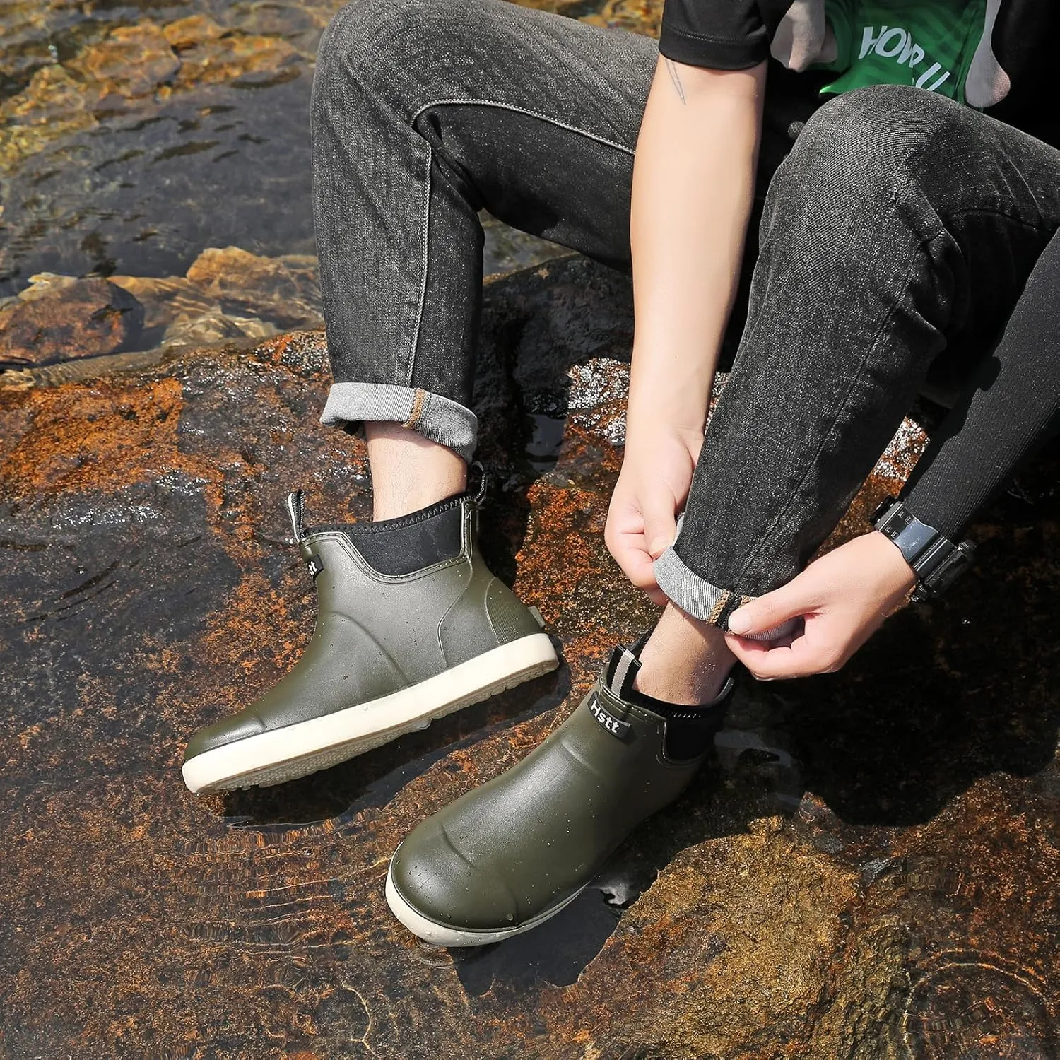 Men's Deck Boots Waterproof Fishing Rain Boots, Anti-Slip Rubber Boots Ankle Booties, High-Performance Footwear Chelsea Boots for Gardening Boating Camping Sailing