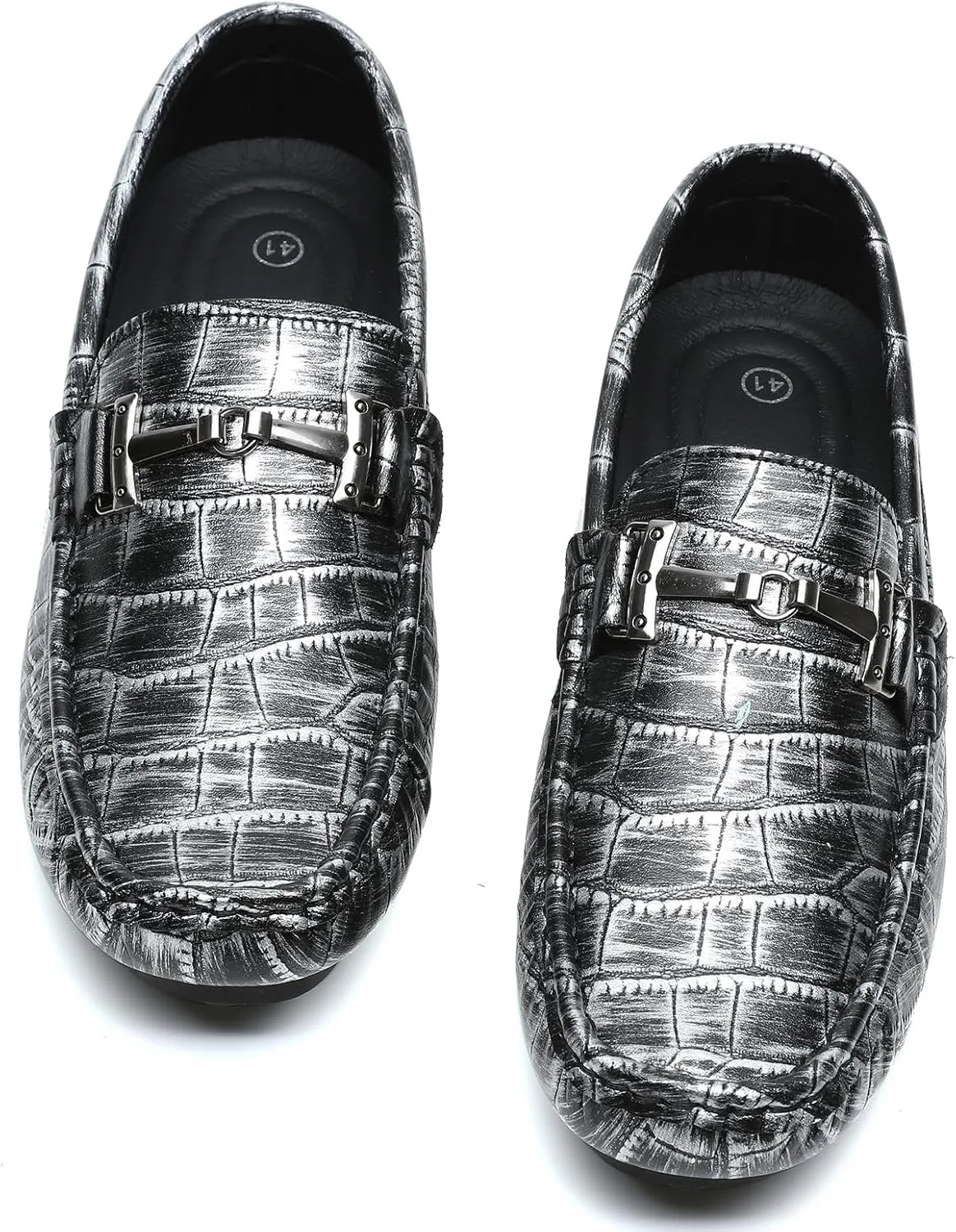 Men's Driving Loafers Casual Penny Loafers Metallic Leather Crocodile Pattern Slip-On Moccasins with Metal Buckle Soft Work Boat Shoes