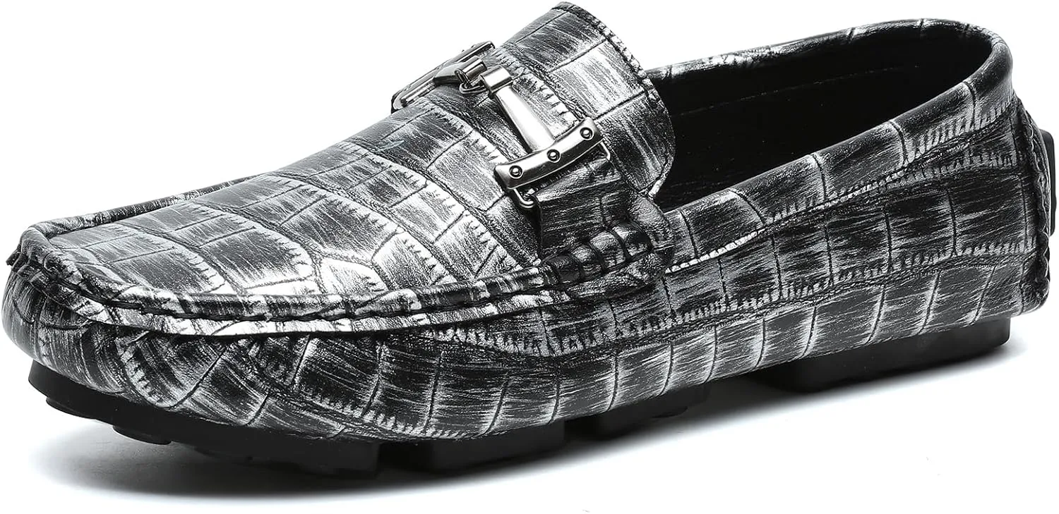 Men's Driving Loafers Casual Penny Loafers Metallic Leather Crocodile Pattern Slip-On Moccasins with Metal Buckle Soft Work Boat Shoes