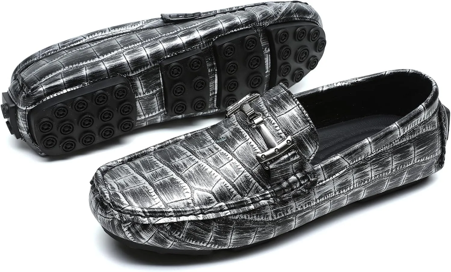 Men's Driving Loafers Casual Penny Loafers Metallic Leather Crocodile Pattern Slip-On Moccasins with Metal Buckle Soft Work Boat Shoes