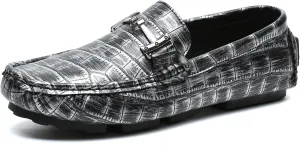 Men's Driving Loafers Casual Penny Loafers Metallic Leather Crocodile Pattern Slip-On Moccasins with Metal Buckle Soft Work Boat Shoes
