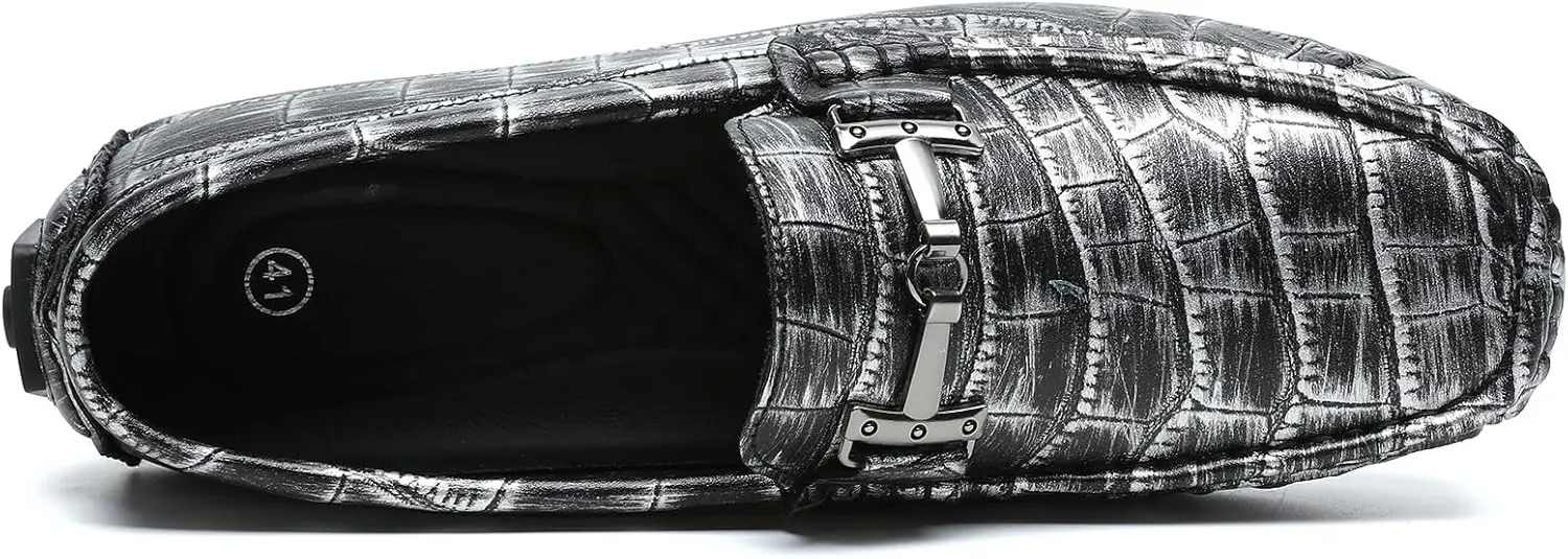 Men's Driving Loafers Casual Penny Loafers Metallic Leather Crocodile Pattern Slip-On Moccasins with Metal Buckle Soft Work Boat Shoes