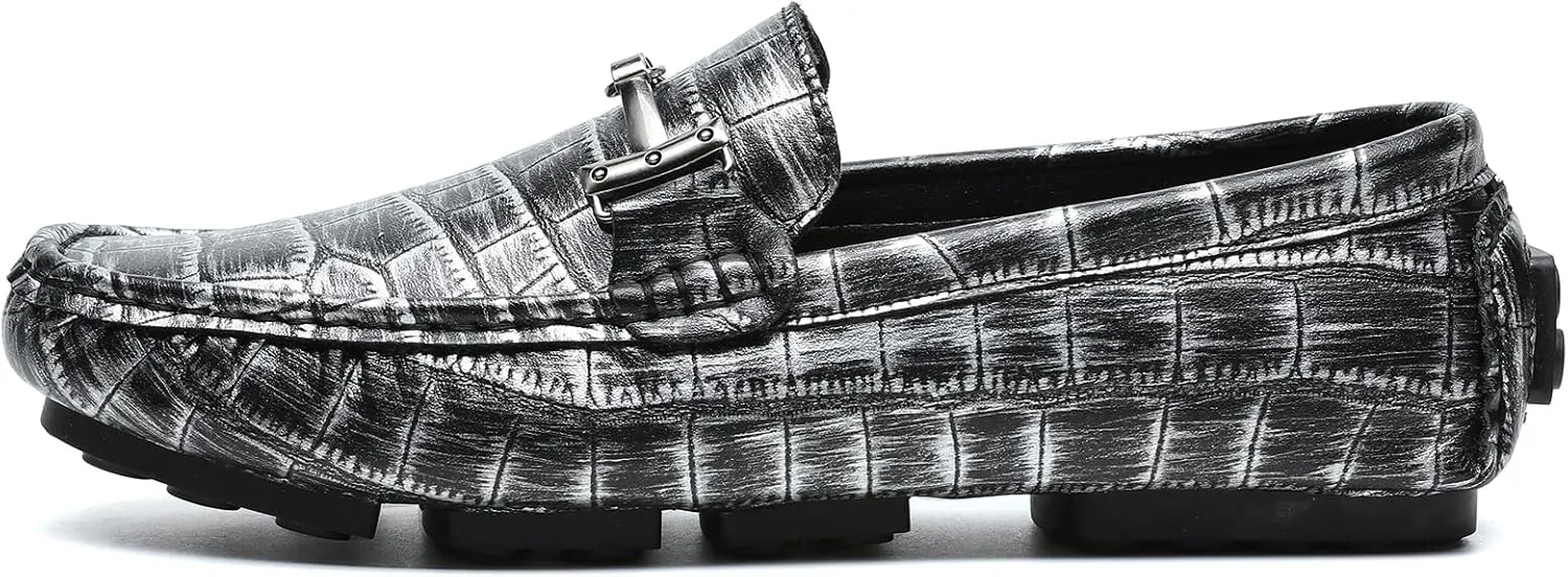 Men's Driving Loafers Casual Penny Loafers Metallic Leather Crocodile Pattern Slip-On Moccasins with Metal Buckle Soft Work Boat Shoes