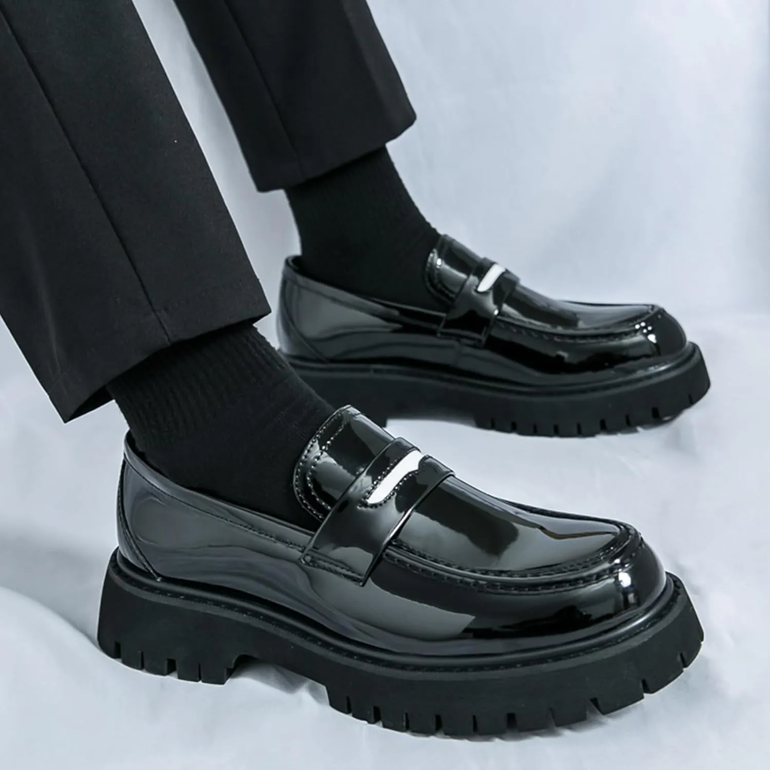 Men's Fashion Chunky Platform Penny Loafers Luxury Round Toe Slip-On Dress Shoes with Non-Slip Lug Sole for Business Work and Daily Casual Wear