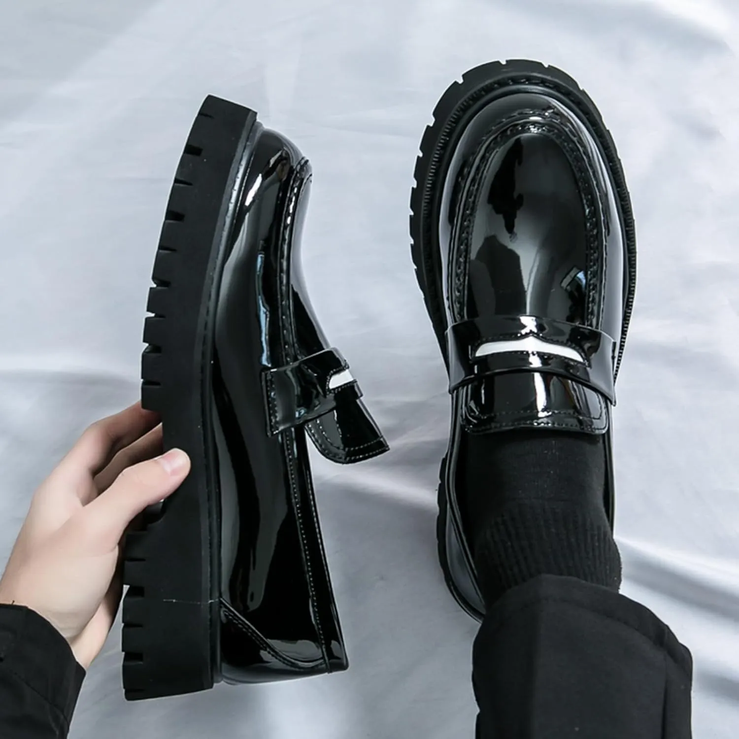 Men's Fashion Chunky Platform Penny Loafers Luxury Round Toe Slip-On Dress Shoes with Non-Slip Lug Sole for Business Work and Daily Casual Wear