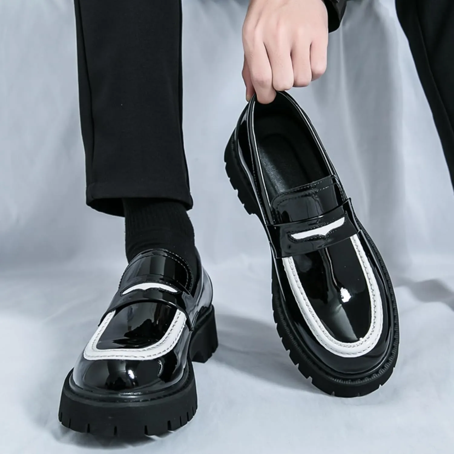 Men's Fashion Chunky Platform Penny Loafers Luxury Round Toe Slip-On Dress Shoes with Non-Slip Lug Sole for Business Work and Daily Casual Wear