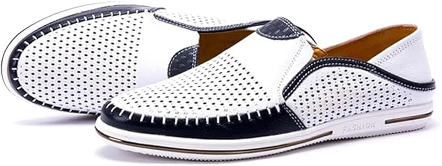 Men's Genuine Leather Loafers Slip-On Breathable Perforated Casual Summer Walking Driving Shoes