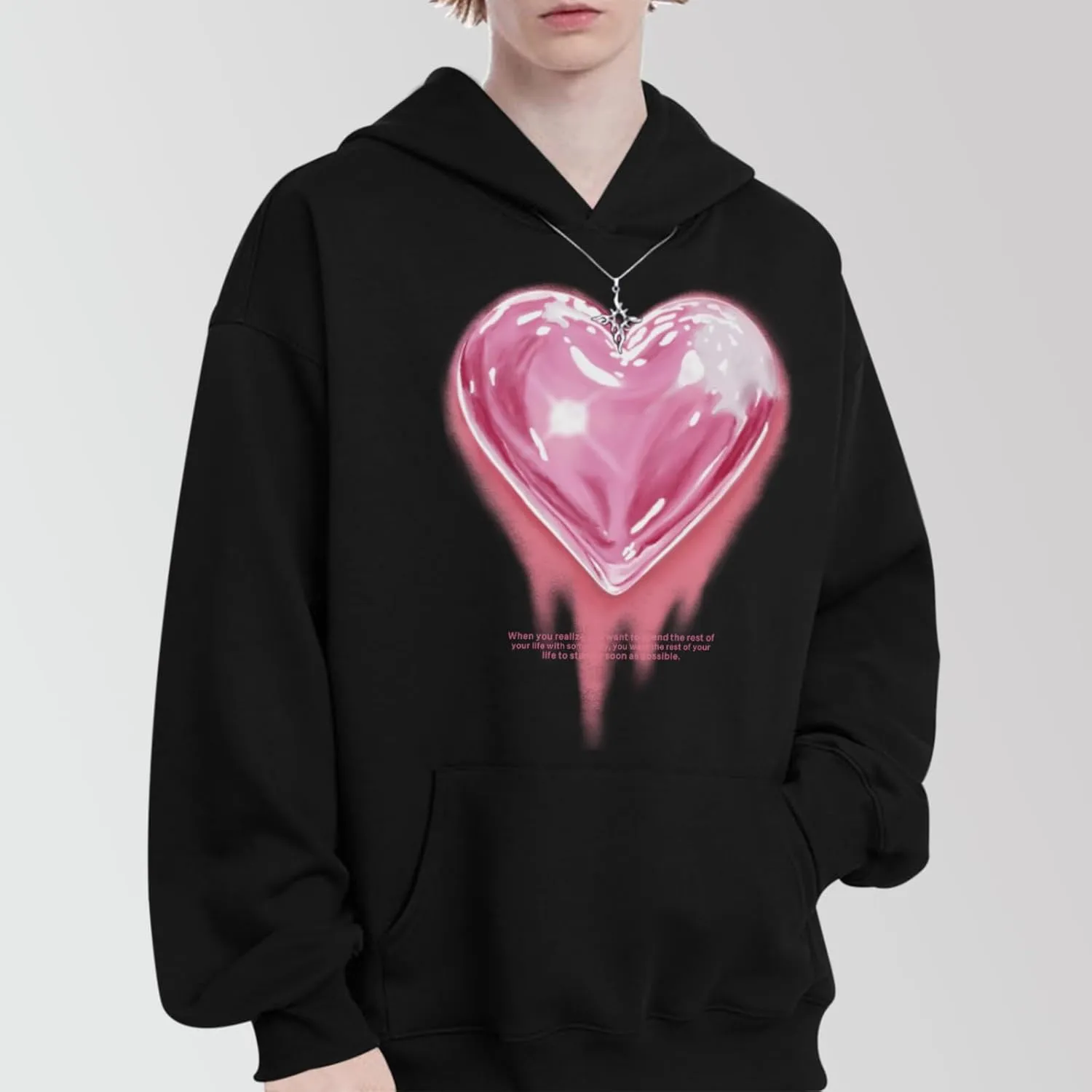Mens Graphic Hoodies Heart Printed Vintage Streetwear Sweatshirt Aesthetic Design With Pockets Love Fleece Pullover