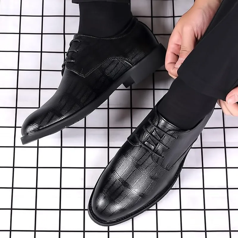 Men's Height Increase Leather Shoes Daily All-Match Black Loafers Modern Fashionable Lace-up Tuxedo Dress Shoes