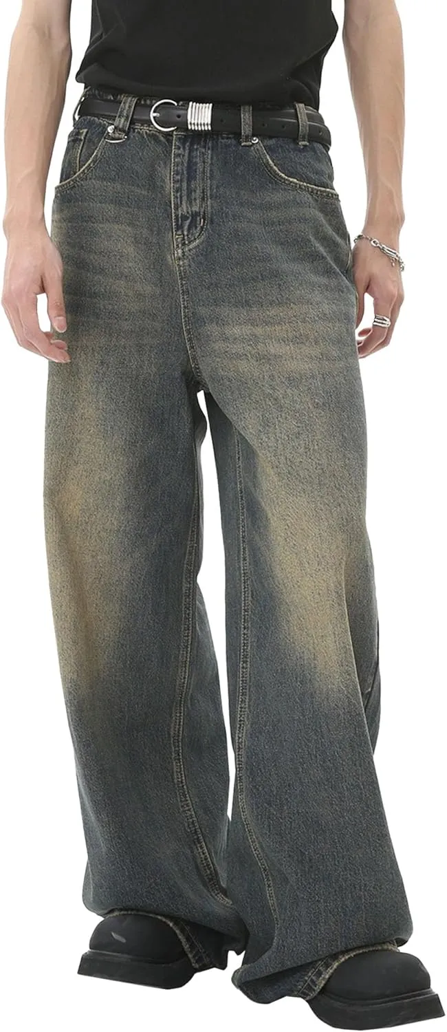 Men's Hip Hop Skater Jeans Loose Fit Wide Leg Denim Pants Stylish Y2K Vintage Streetwear Carpenter Trousers