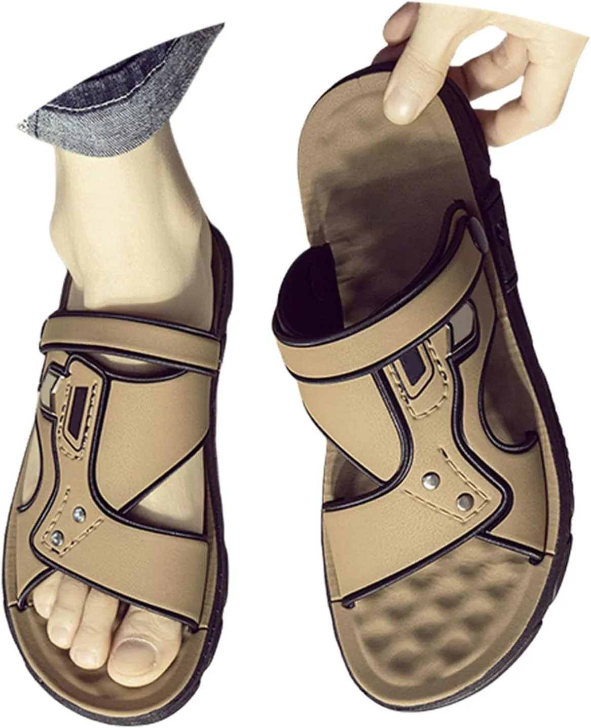 Men's Leather Casual Flat Sandals with Adjustable Buckle Open Toe Slip-On Beach Sandals Summer Wide Width Walking Slides