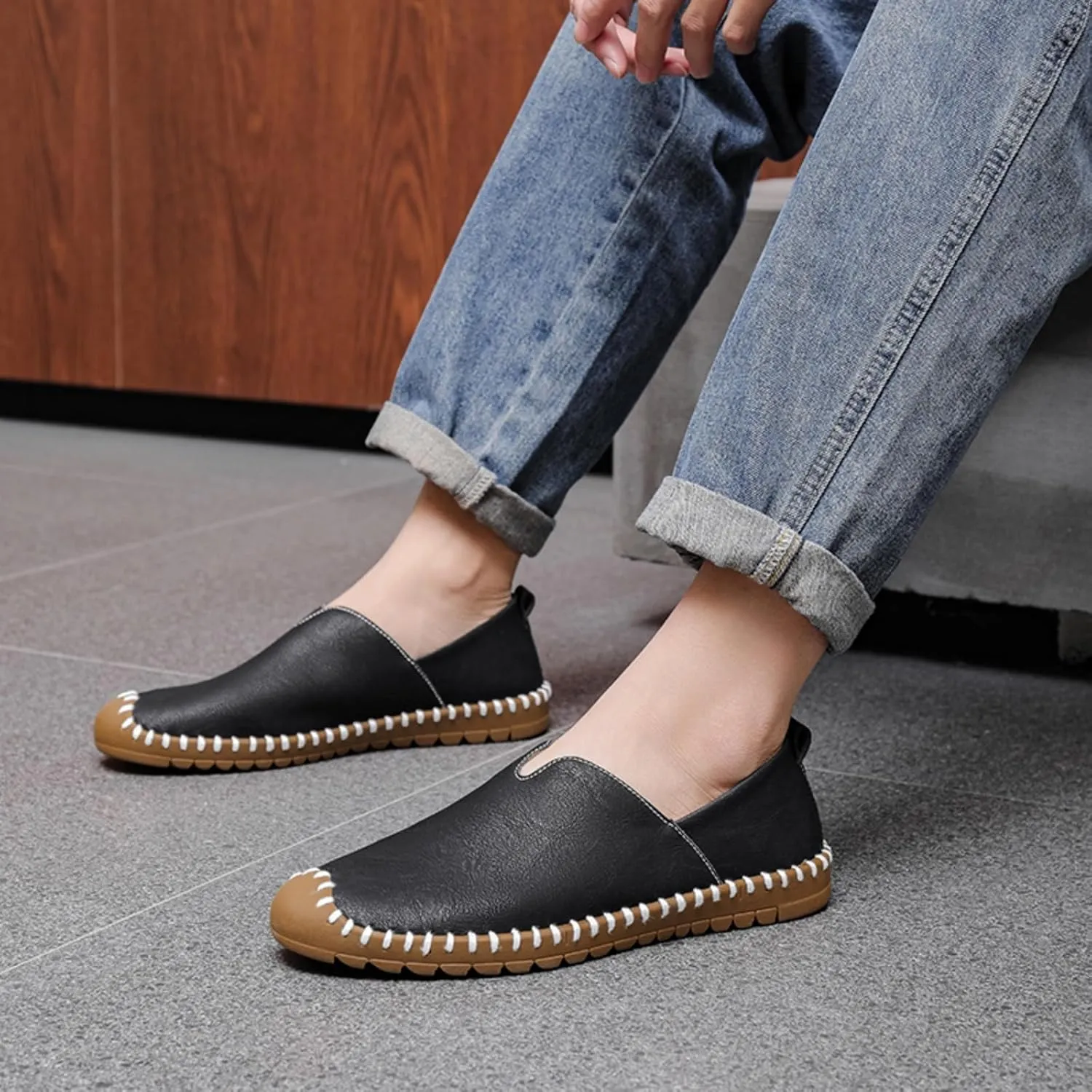 Men's Leather Slip-On Loafers | Lightweight Comfortable for Driving Walking and Business-Casual Wear | White Stitching Detail and Durable Sole