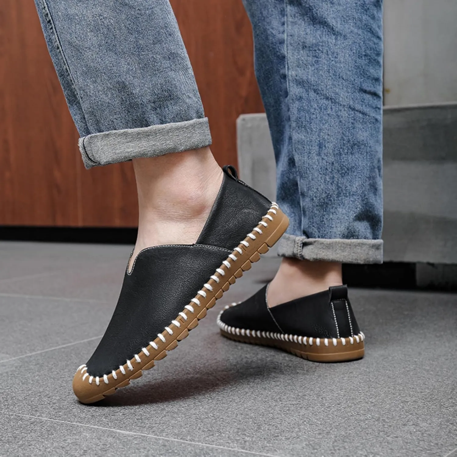 Men's Leather Slip-On Loafers | Lightweight Comfortable for Driving Walking and Business-Casual Wear | White Stitching Detail and Durable Sole