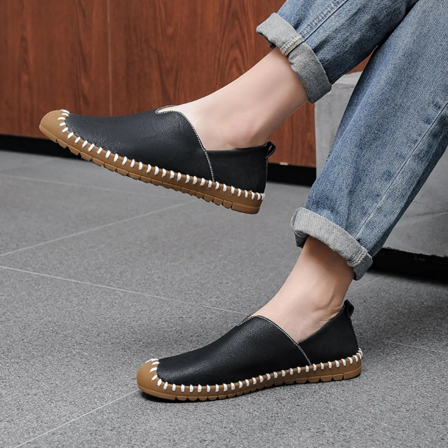 Men's Leather Slip-On Loafers | Lightweight Comfortable for Driving Walking and Business-Casual Wear | White Stitching Detail and Durable Sole