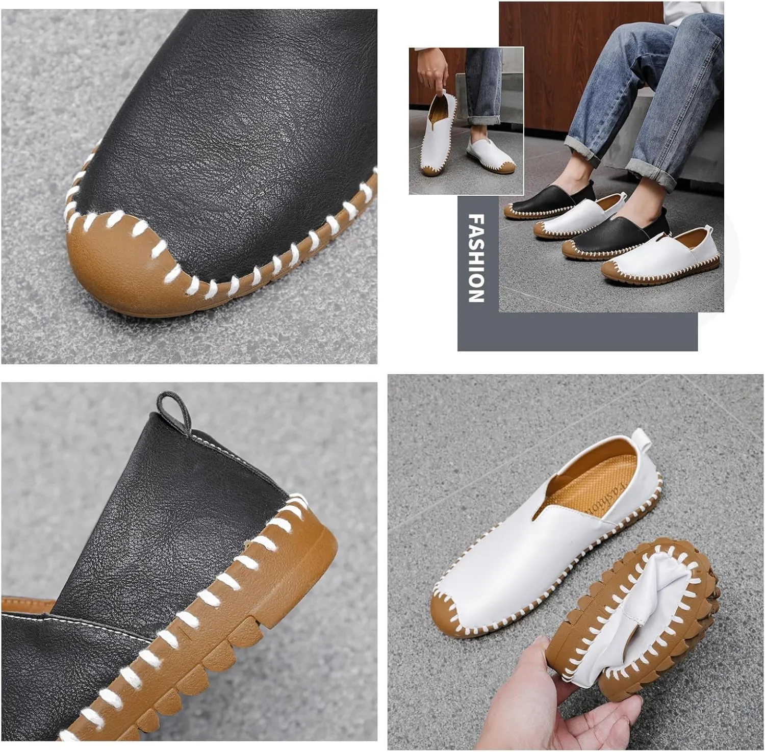 Men's Leather Slip-On Loafers | Lightweight Comfortable for Driving Walking and Business-Casual Wear | White Stitching Detail and Durable Sole