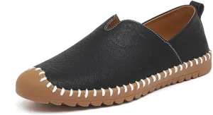 Men's Leather Slip-On Loafers | Lightweight Comfortable for Driving Walking and Business-Casual Wear | White Stitching Detail and Durable Sole