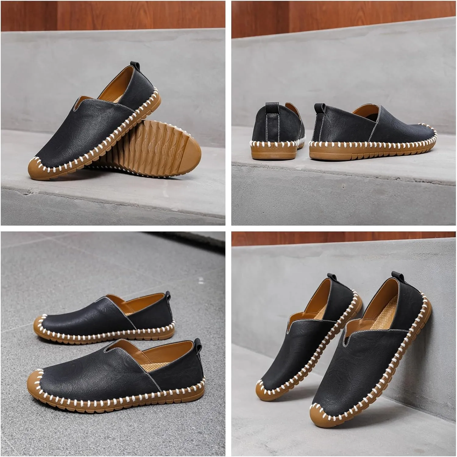 Men's Leather Slip-On Loafers | Lightweight Comfortable for Driving Walking and Business-Casual Wear | White Stitching Detail and Durable Sole