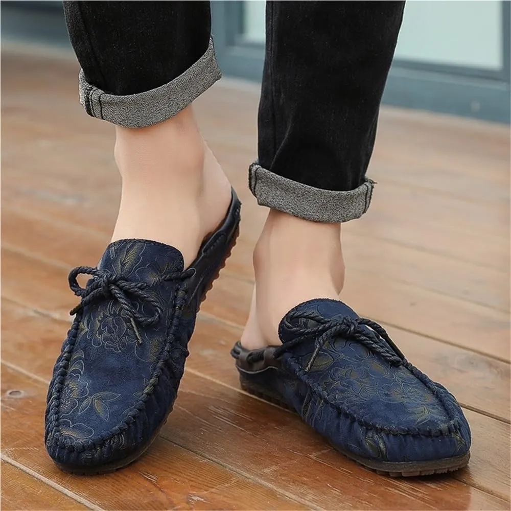 Mens Loafers Shoe Floral Vegan Leather Half Moccasins Shoes Lightweight Comfortable Flexible Fashion Outdoor Slip-on