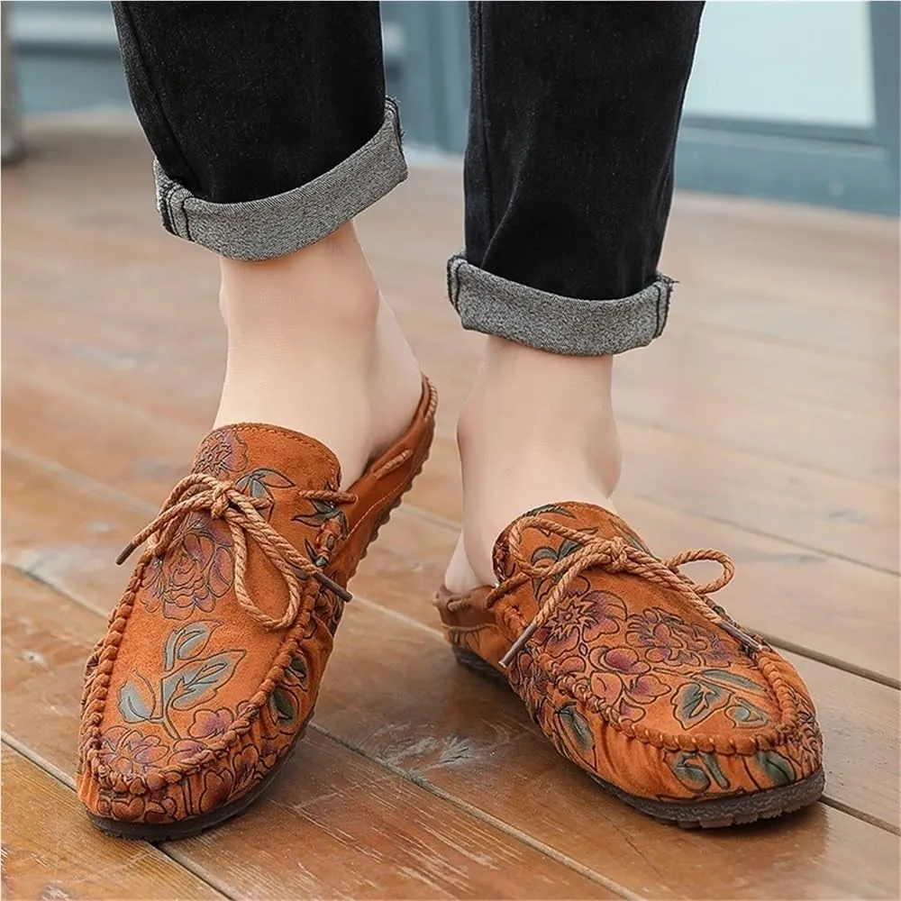 Mens Loafers Shoe Floral Vegan Leather Half Moccasins Shoes Lightweight Comfortable Flexible Fashion Outdoor Slip-on