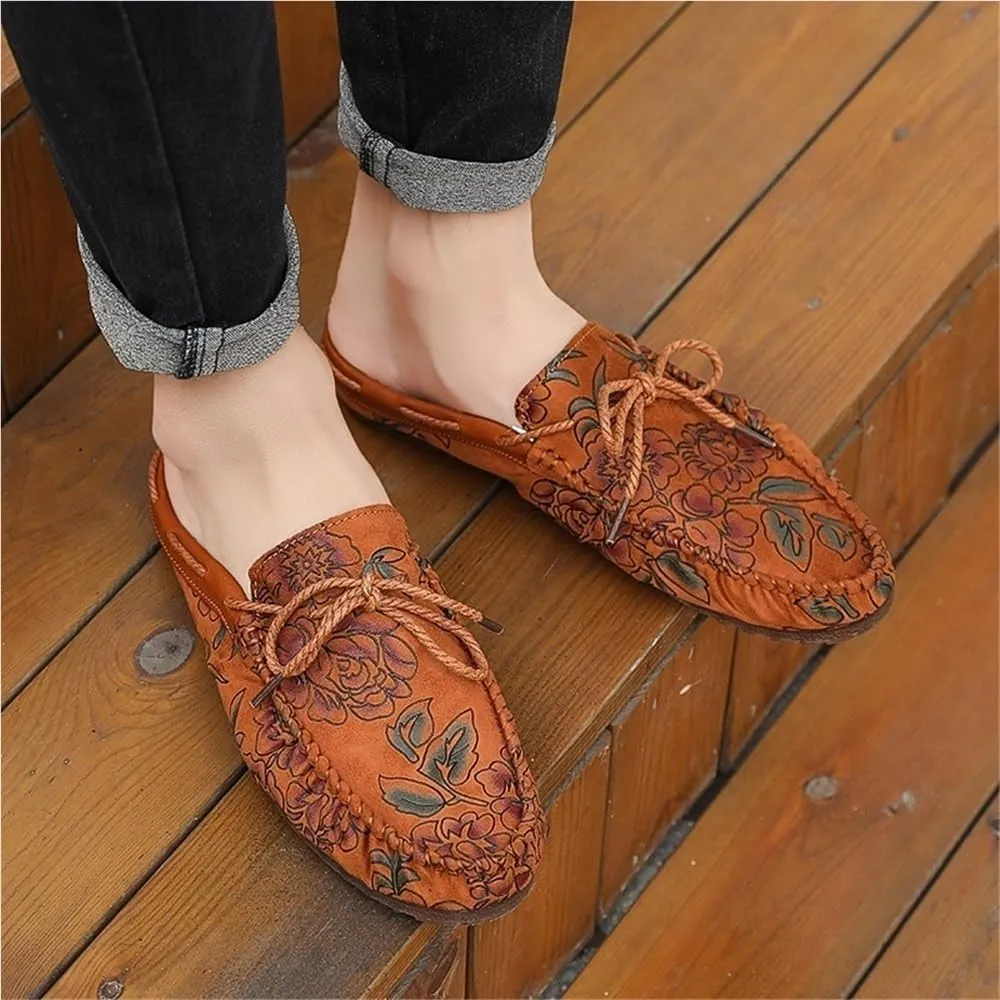 Mens Loafers Shoe Floral Vegan Leather Half Moccasins Shoes Lightweight Comfortable Flexible Fashion Outdoor Slip-on