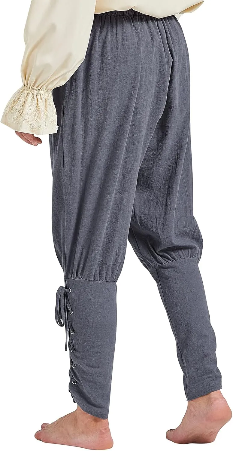 Men's Pirate Renaissance Pants with Ankle Banding - Medieval Viking Navigator Costume Cosplay - Drawstrings