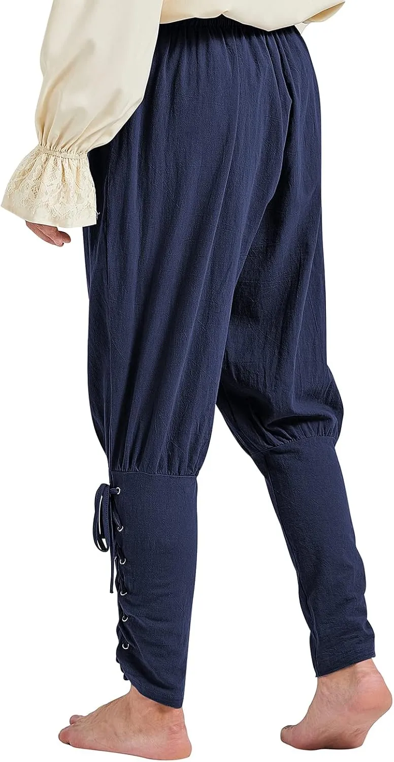 Men's Pirate Renaissance Pants with Ankle Banding - Medieval Viking Navigator Costume Cosplay - Drawstrings