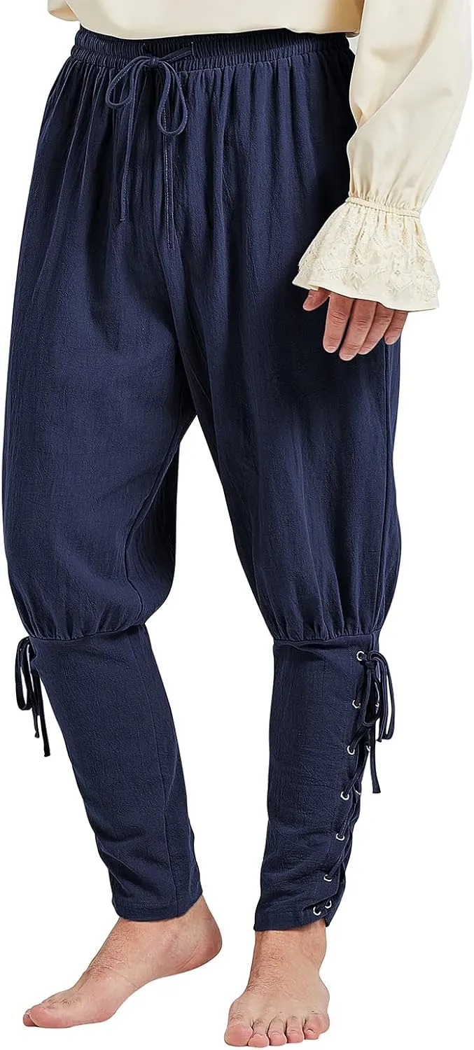 Men's Pirate Renaissance Pants with Ankle Banding - Medieval Viking Navigator Costume Cosplay - Drawstrings