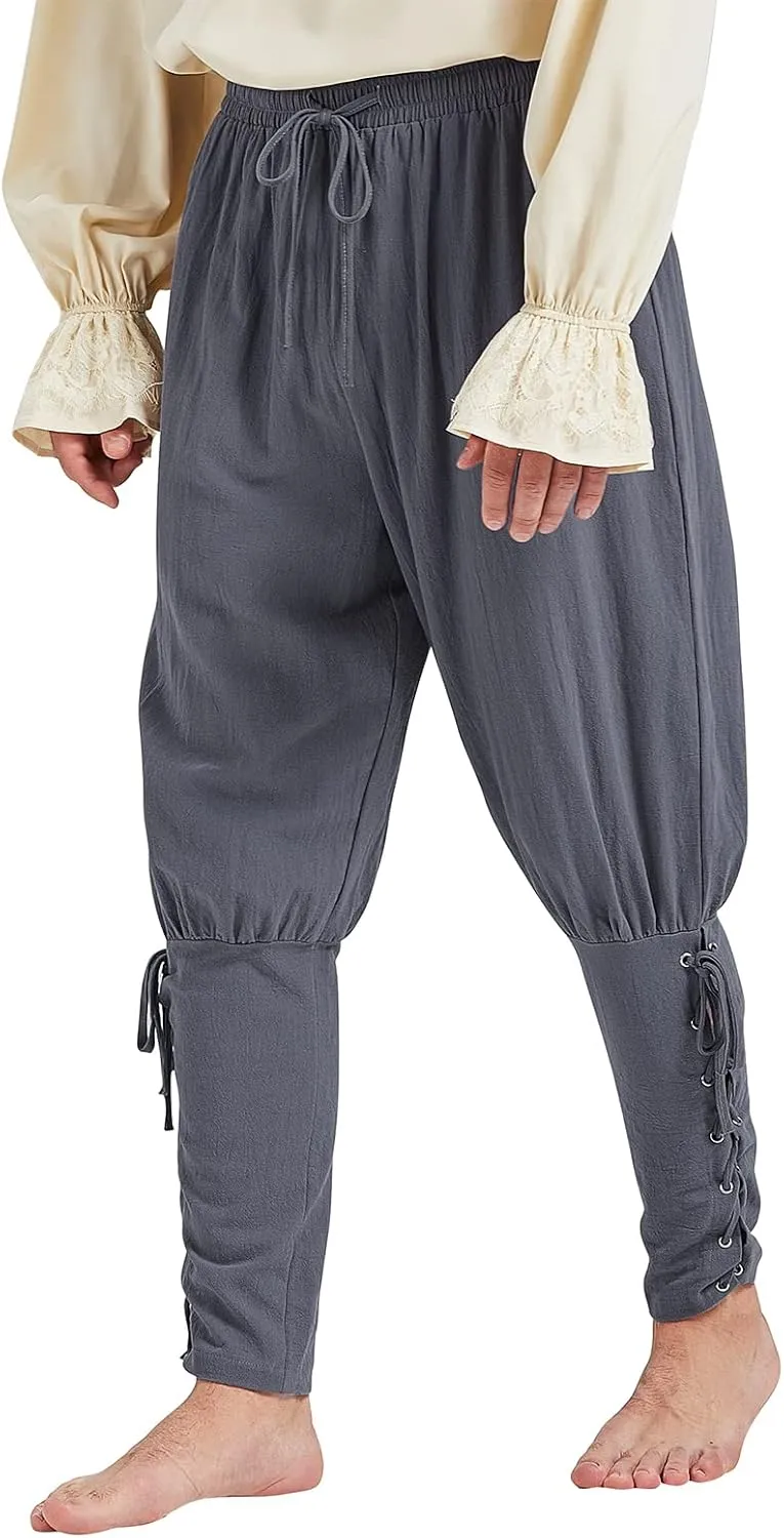 Men's Pirate Renaissance Pants with Ankle Banding - Medieval Viking Navigator Costume Cosplay - Drawstrings