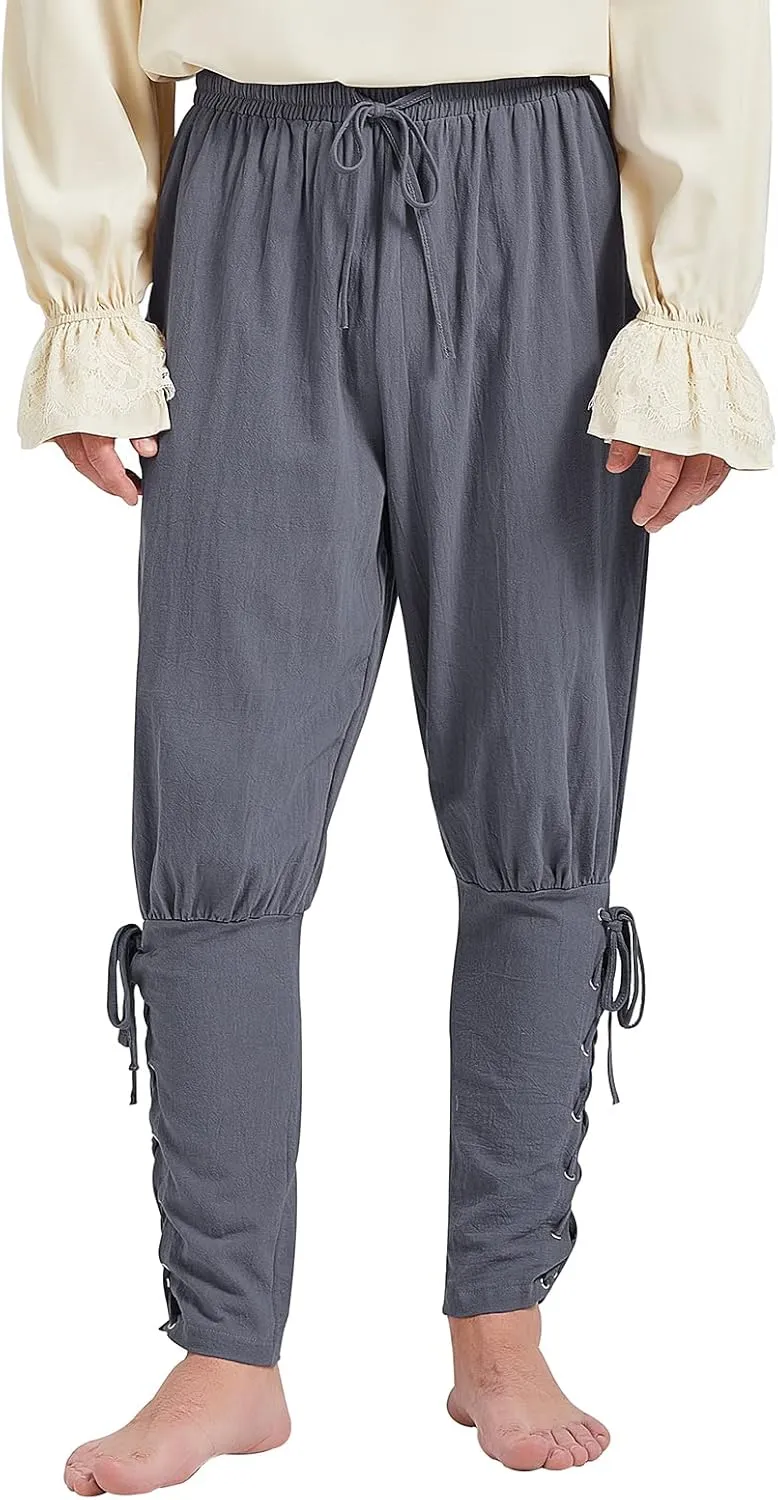 Men's Pirate Renaissance Pants with Ankle Banding - Medieval Viking Navigator Costume Cosplay - Drawstrings