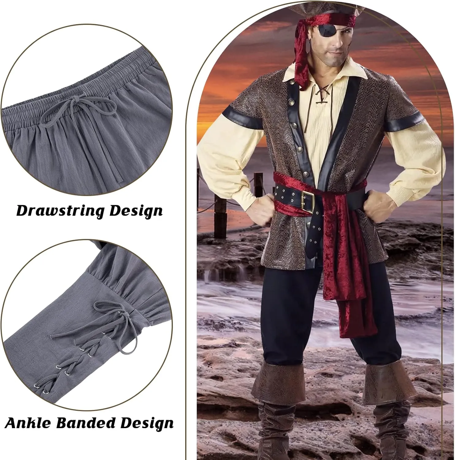 Men's Pirate Renaissance Pants with Ankle Banding - Medieval Viking Navigator Costume Cosplay - Drawstrings
