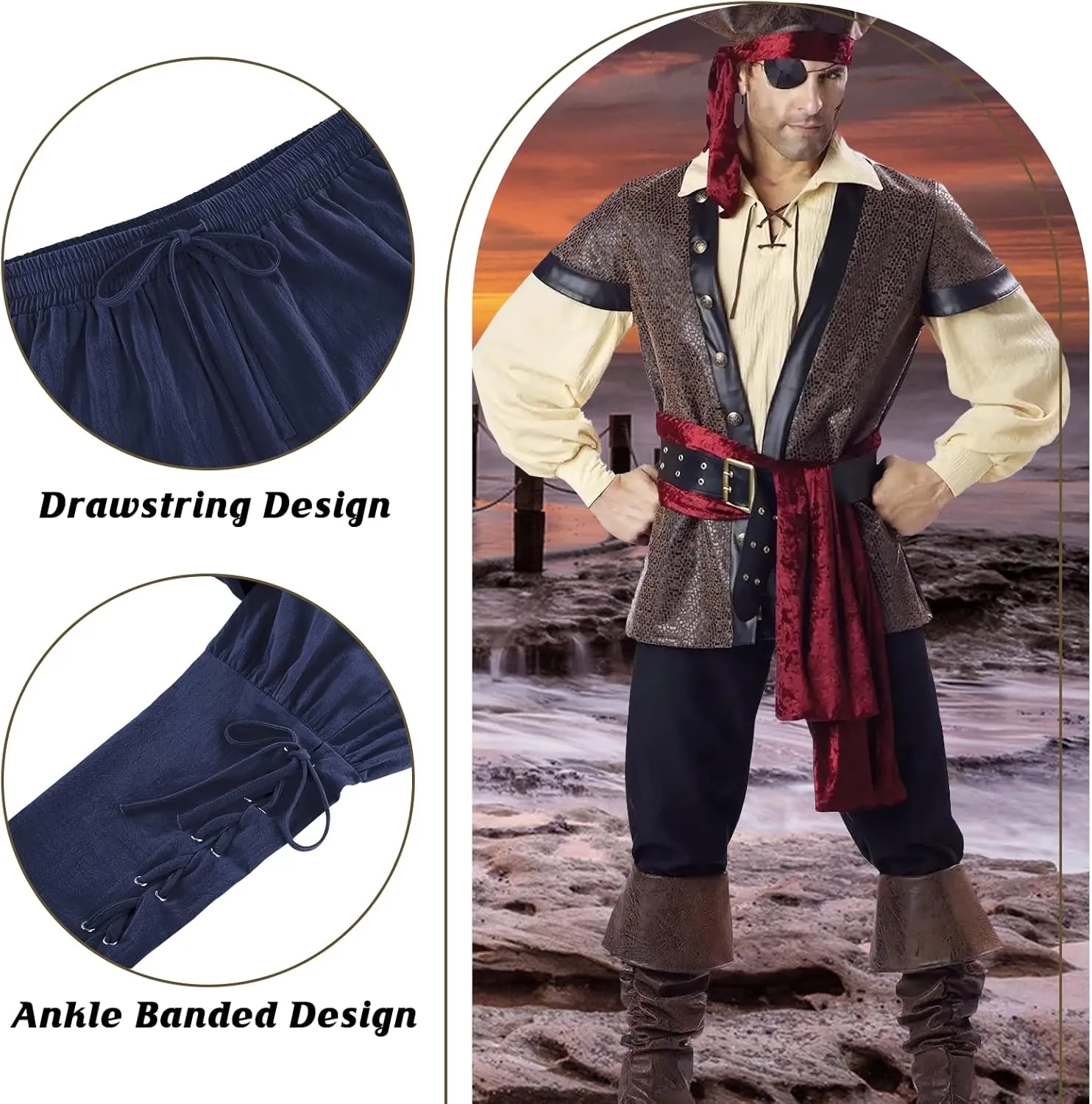 Men's Pirate Renaissance Pants with Ankle Banding - Medieval Viking Navigator Costume Cosplay - Drawstrings