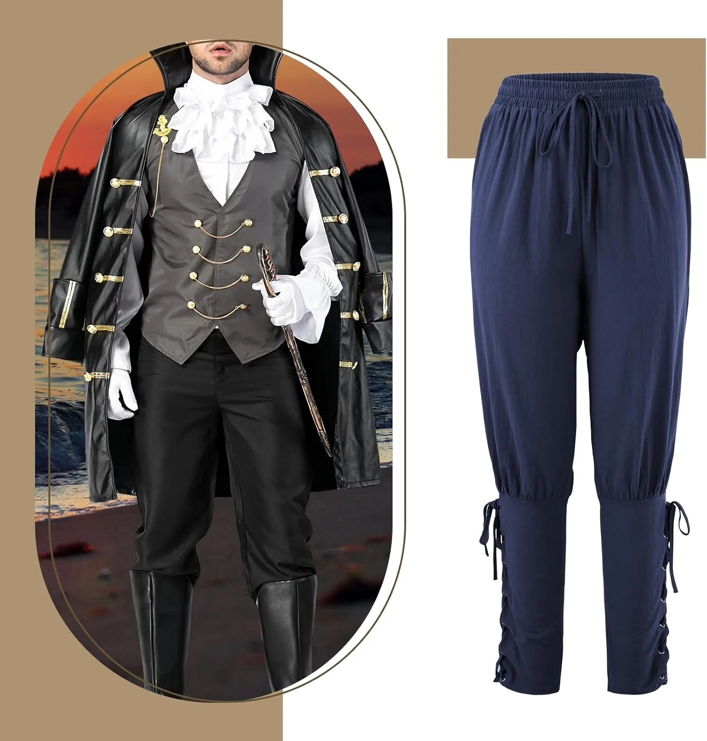 Men's Pirate Renaissance Pants with Ankle Banding - Medieval Viking Navigator Costume Cosplay - Drawstrings