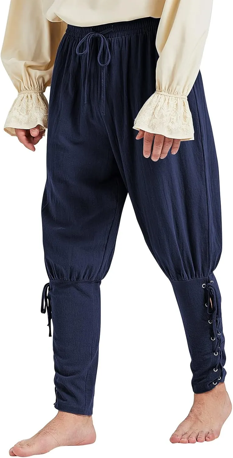 Men's Pirate Renaissance Pants with Ankle Banding - Medieval Viking Navigator Costume Cosplay - Drawstrings