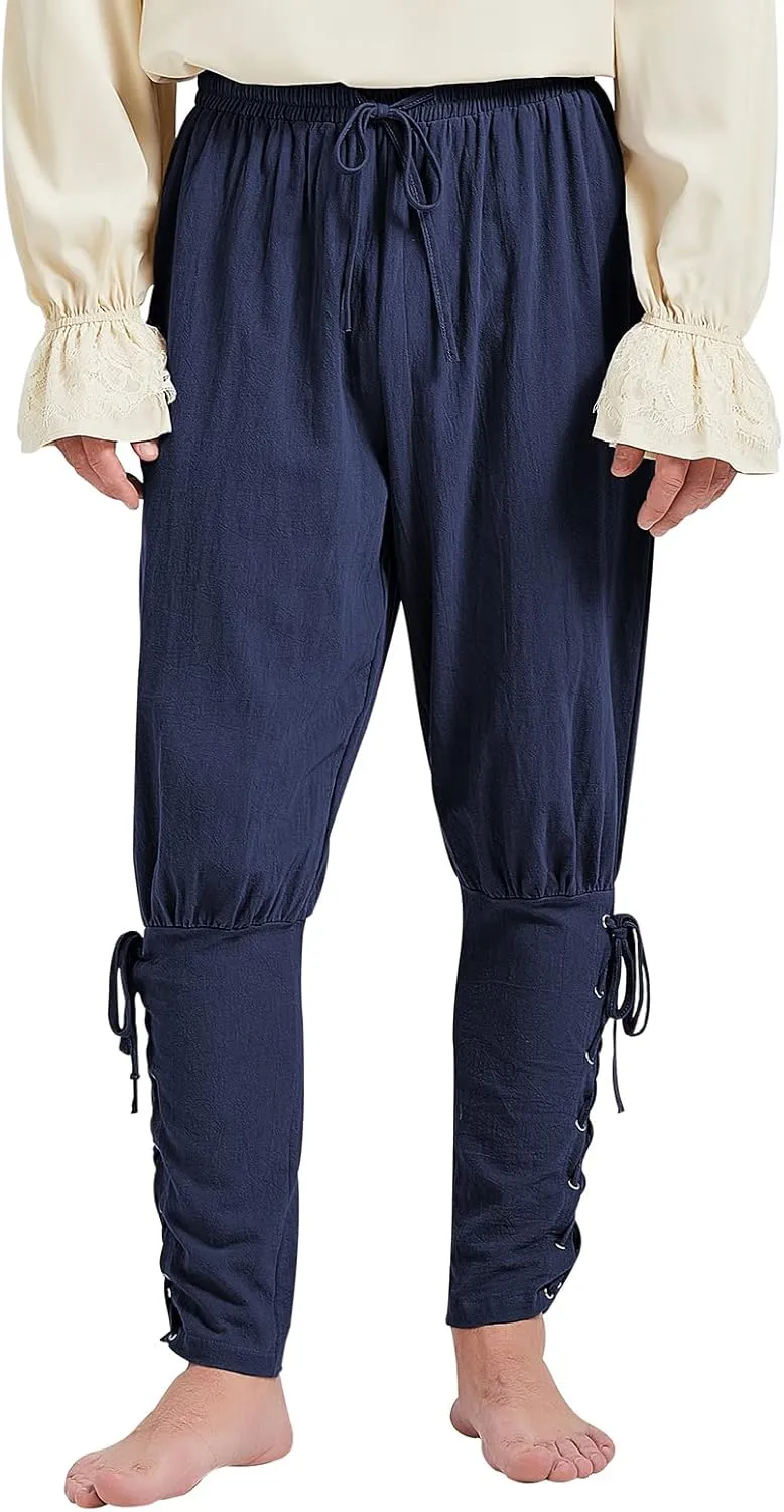 Men's Pirate Renaissance Pants with Ankle Banding - Medieval Viking Navigator Costume Cosplay - Drawstrings
