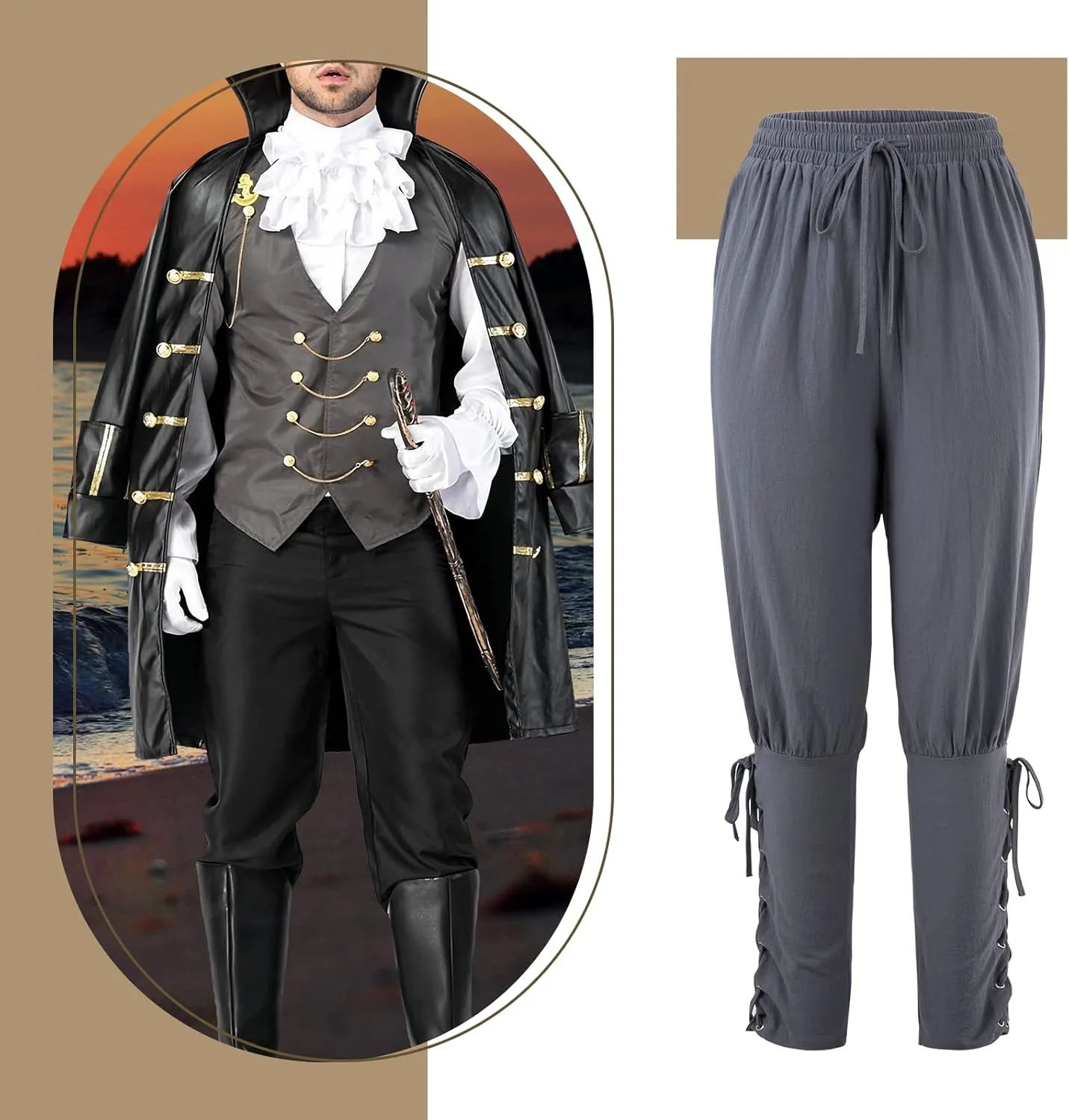 Men's Pirate Renaissance Pants with Ankle Banding - Medieval Viking Navigator Costume Cosplay - Drawstrings