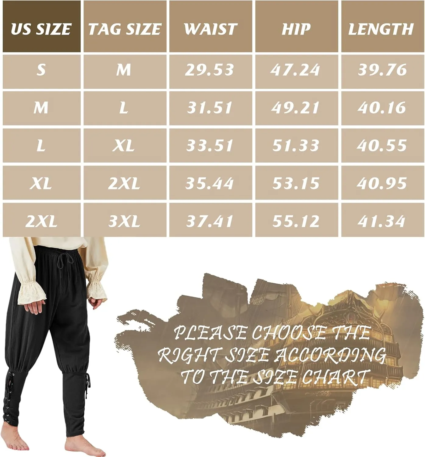Men's Pirate Renaissance Pants with Ankle Banding - Medieval Viking Navigator Costume Cosplay - Drawstrings