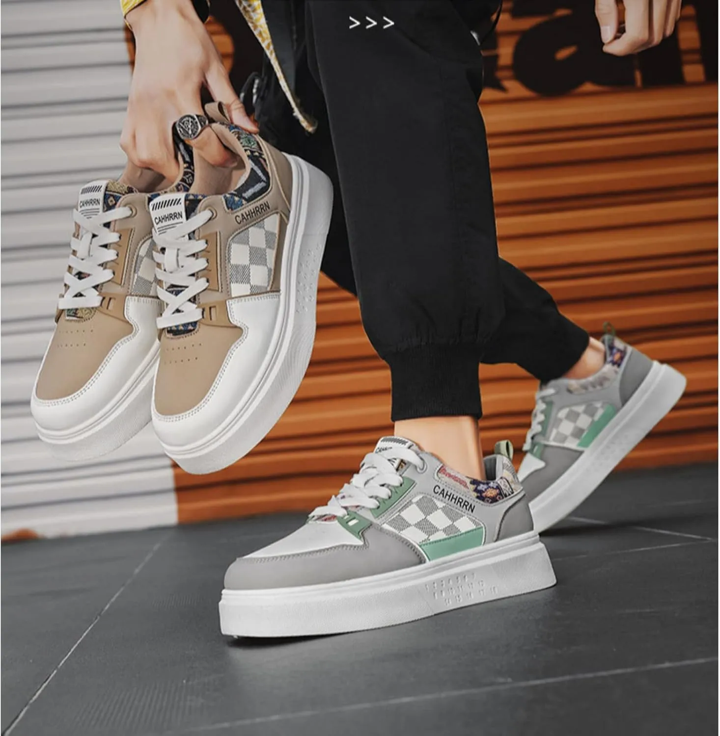 Men's Platform Fashion Sneakers Plaid Patchwork Leather Comfortable Casual Streetwear Walking Shoes
