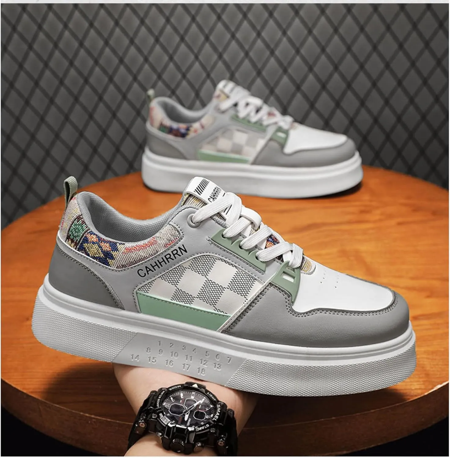 Men's Platform Fashion Sneakers Plaid Patchwork Leather Comfortable Casual Streetwear Walking Shoes
