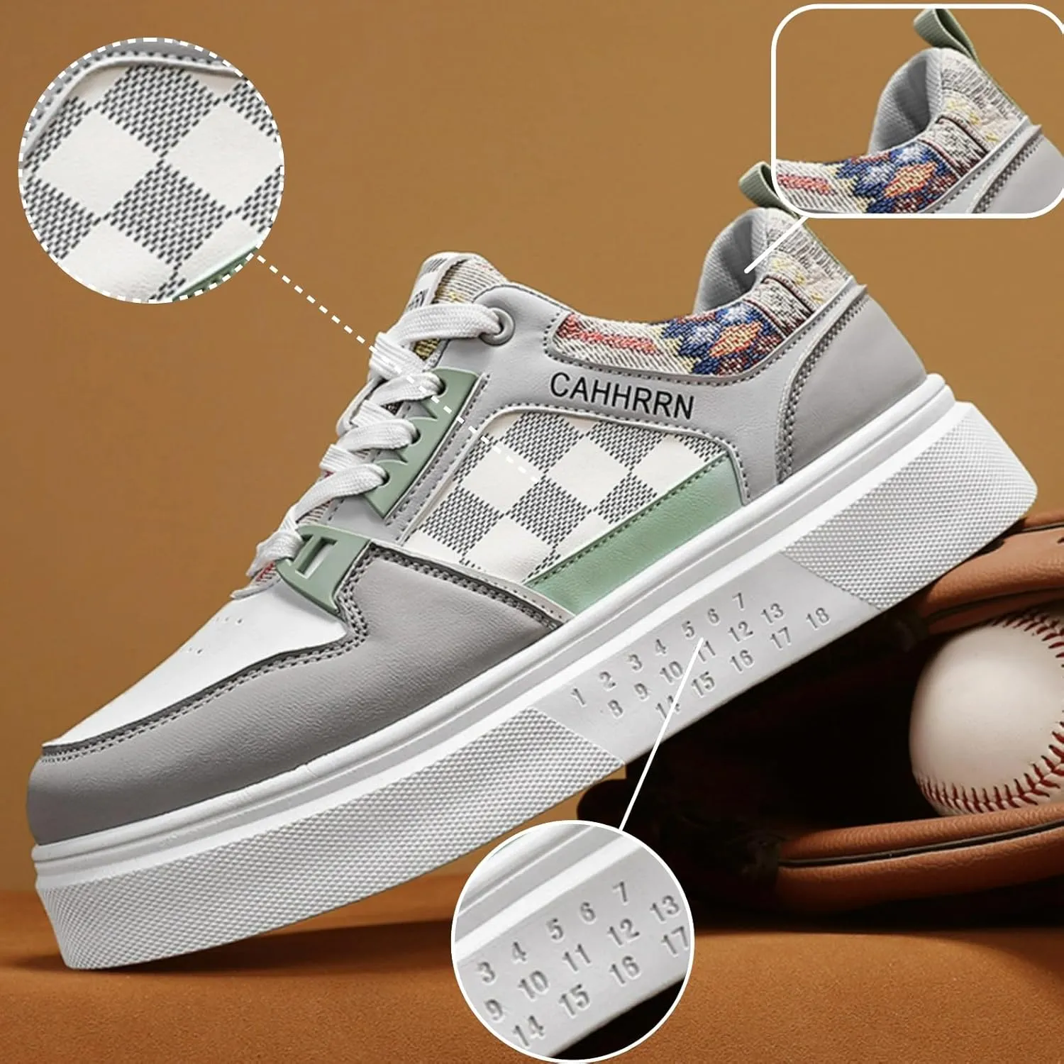 Men's Platform Fashion Sneakers Plaid Patchwork Leather Comfortable Casual Streetwear Walking Shoes