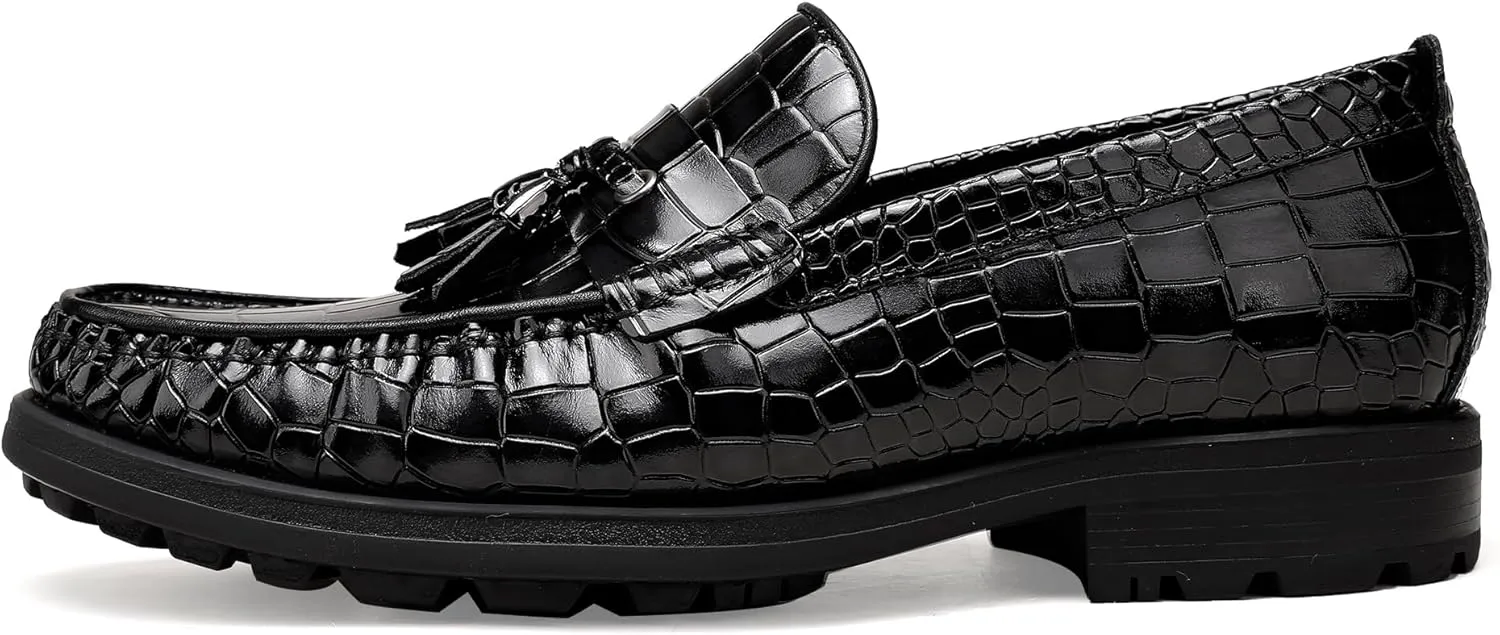 Men's Platform Tassel Loafer, Crocodile Printed Leather Dress Shoes for Mens Business Formal Wedding Porm Party Shoes Casual Slip-On Penny Loafers