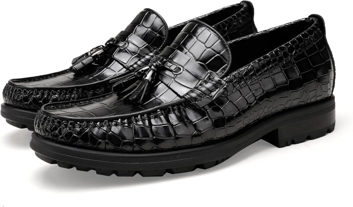 Men's Platform Tassel Loafer, Crocodile Printed Leather Dress Shoes for Mens Business Formal Wedding Porm Party Shoes Casual Slip-On Penny Loafers