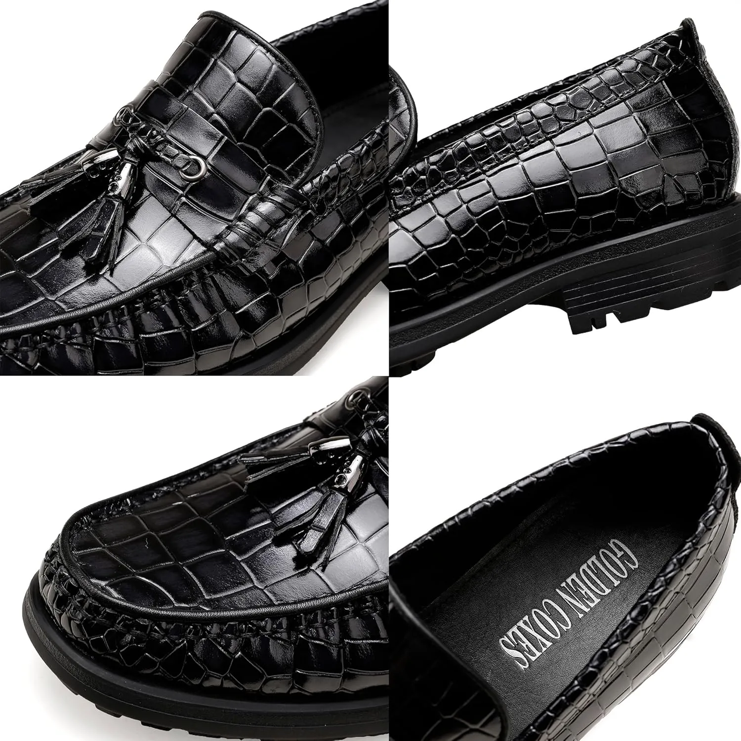 Men's Platform Tassel Loafer, Crocodile Printed Leather Dress Shoes for Mens Business Formal Wedding Porm Party Shoes Casual Slip-On Penny Loafers