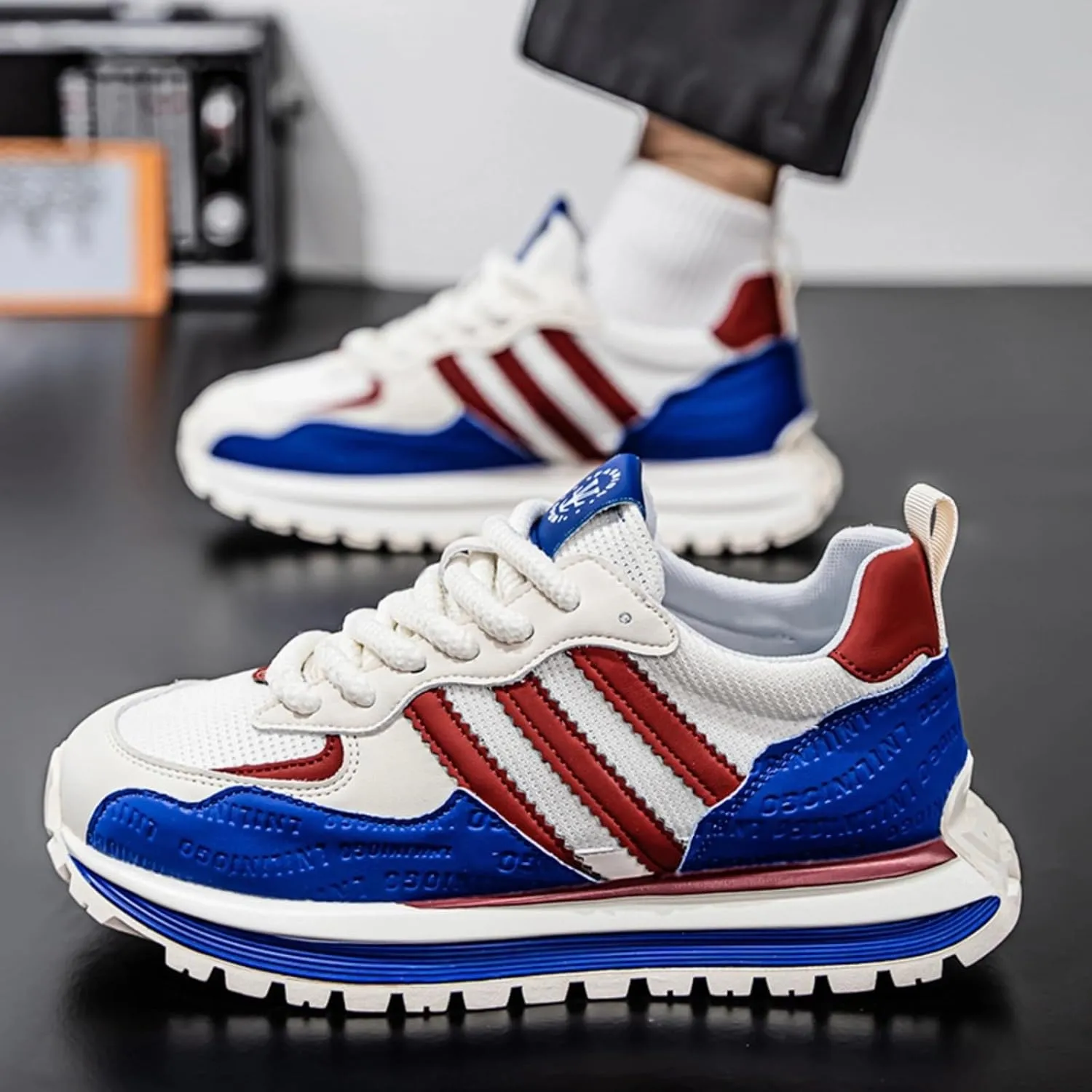 Men’s Retro Jogger Sneakers, Fashion Mesh Suede Trainers, Vintage Street Running Shoes, Iconic Triple Stripe Detailing
