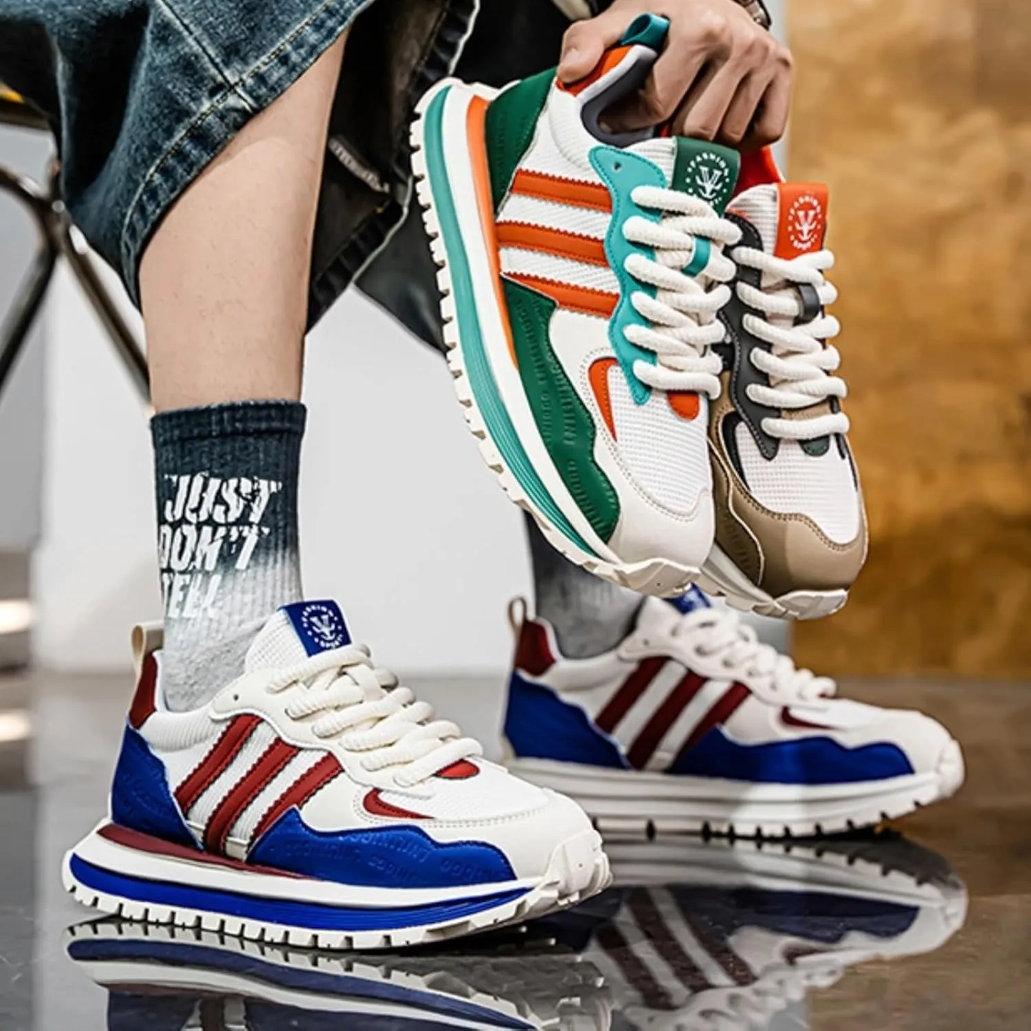 Men’s Retro Jogger Sneakers, Fashion Mesh Suede Trainers, Vintage Street Running Shoes, Iconic Triple Stripe Detailing
