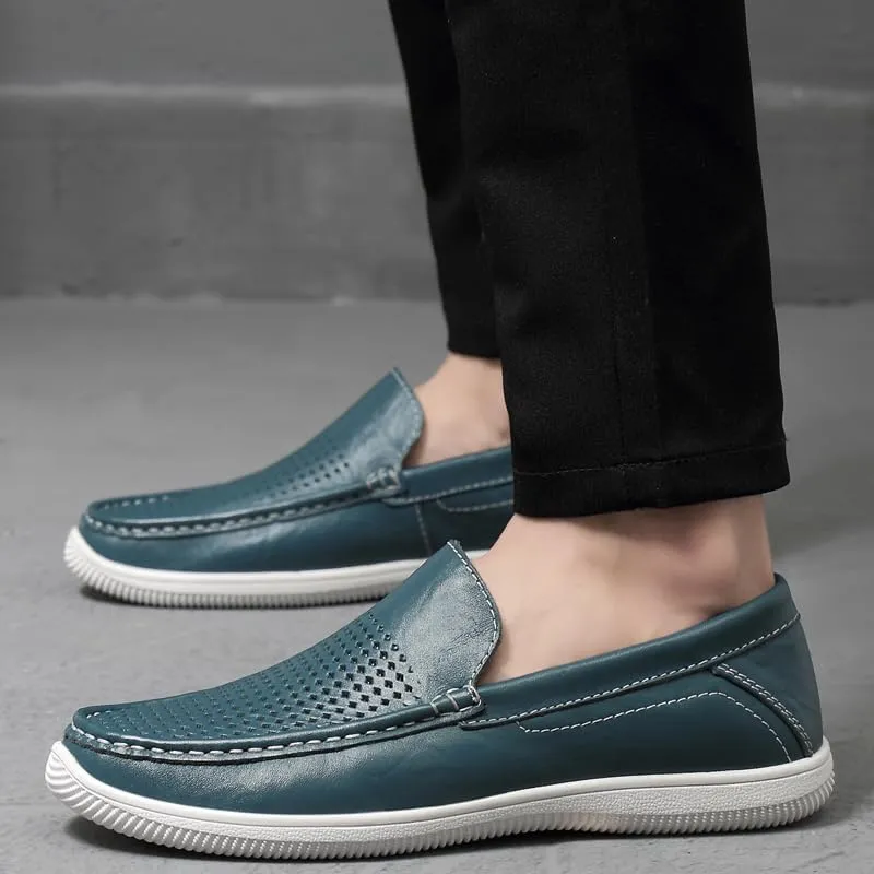 Mens Slip-On Loafers, Casual Leather Shoes, Loafer Flats,Concise Style, Blue, Black