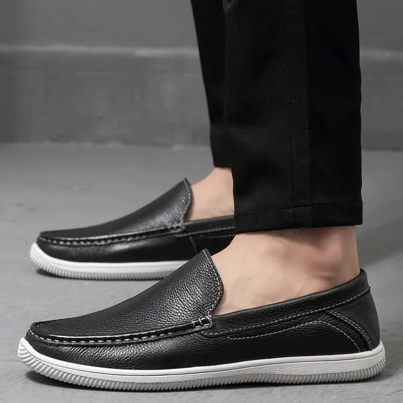 Mens Slip-On Loafers, Casual Leather Shoes, Loafer Flats,Concise Style, Blue, Black