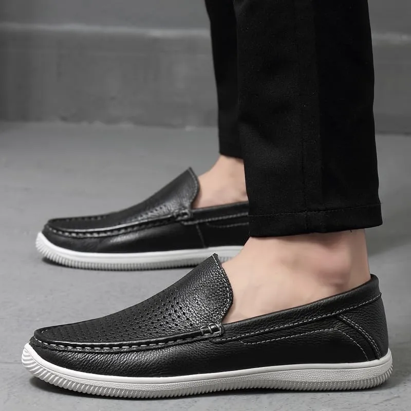 Mens Slip-On Loafers, Casual Leather Shoes, Loafer Flats,Concise Style, Blue, Black