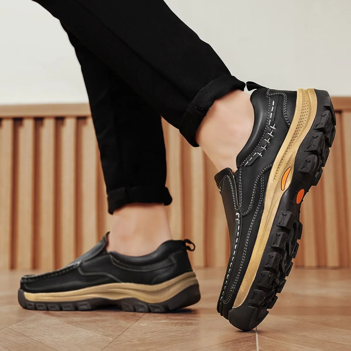 Men's Slip-On Loafers Casual Walking Shoes Comfort Leather Moccasin Style with Rugged Sole Work Office Dress Outdoor