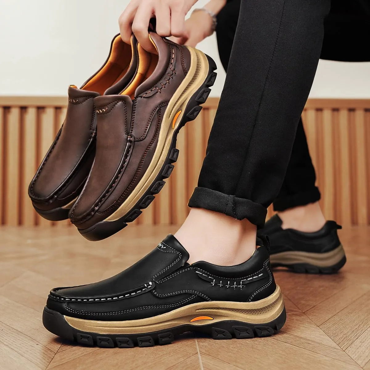 Men's Slip-On Loafers Casual Walking Shoes Comfort Leather Moccasin Style with Rugged Sole Work Office Dress Outdoor
